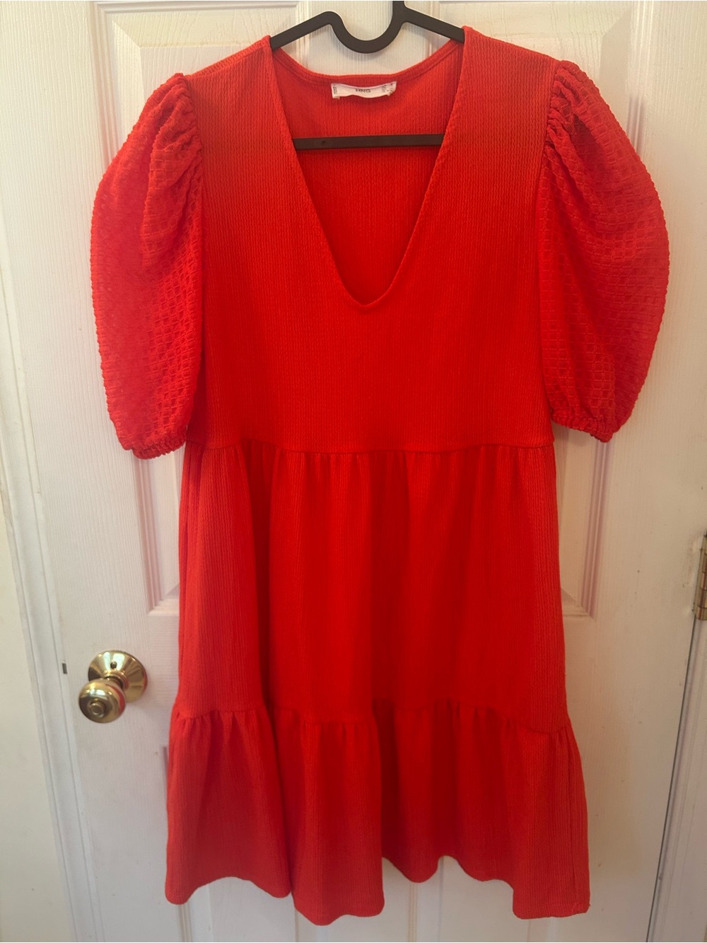 Bright Coral V-Neck Midi Dress with Puff Sleeves